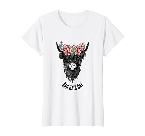 Hochlandrind Kuh Bad Hair Day Frisör Friseur Blumen Stylist T-Shirt