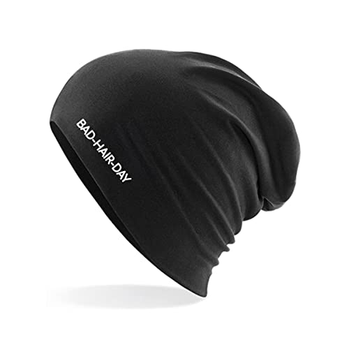 Huuraa Beanie Bad Hair Day Schriftzug Unisex Mütze Größe Black mit Motiv für alle mit stylischer Frisur Geschenk Idee für Freunde und Familie