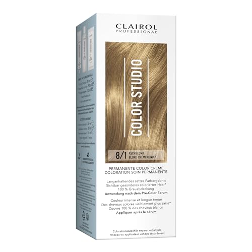 Clairol Professional Color Studio Permanente Haarfarbe Aschblond 8/1 (110 ml) – mit Metal-Purifier für 6 x weniger Haarbruch, 10 Wochen sattes Farbergebnis & 100 % Grauabdeckung – inkl. Haarkur