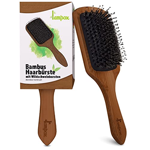 lampox Haarbürste Paddle Brush Paddlebrush Paddel Bürste Entwirrbürste Bürste mit Wildschweinborsten aus Bambusholz