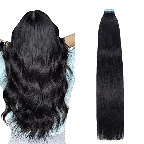 AGMITY Tape Extensions Echthaar, Tief Schwarz 60cm 20pcs 50Gram 24 Zoll Seidig Gerade Nahtlos Skin Weft Tape in Remy Haarverlängerungen(60cm #1 Tief Schwarz)