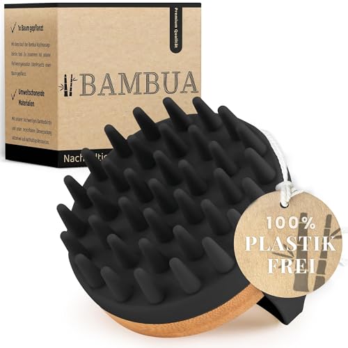 BAMBUA Kopfhaut Massagebürste - (Anti-Schuppen Effekt) Kopfmassage Bürste - Zur Kopfmassage beim Duschen - Premium Scalp Massager - inkl. E-Book „Gesunde Kopfhaut“ (Schwarz)