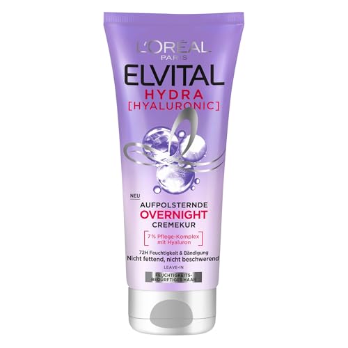 L'Oréal Paris Elvital feuchtigkeitsspendende Haarmaske, Leave In für glänzendes und gesundes Haar über Nacht, Mit Hyaluron für einen Feuchtigkeitsboost, Hydra Hyaluronic Overnight Mask, 1 x 200 ml