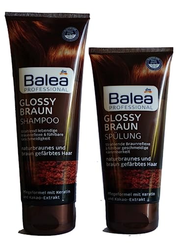 Balea Professional Glossy Braun Haarpflege Set für naturbraunes und braun gefärbtes Haar, 2er-Set: 1x Shampoo (250ml) + 1x Spülung (200ml), 450ml – Herren/Damen Haarshampoos & Haarwäsche Haarpflege.
