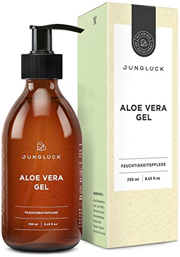 JUNGLÜCK Aloe Vera Gel 250ml - Vegan | BIO Aloe Vera Saft - Natürliche After Sun Pflege | Kühlt, beruhigt und spendet deiner Haut Feuchtigkeit - Ideal bei Sonnenbrand - für Gesicht, Haare und Körper