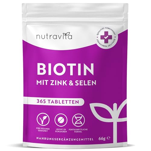 Biotin + Selen + Zink Tabletten für Haut, Haare & Nägel - 365 vegane Tabletten für 1 Jahr - Haar Vitamine für Haarwachstum - Biotin Zink Selen Hochdosiert - Laborgeprüft - Nutravita
