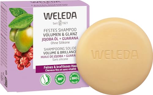 WELEDA Bio Festes Shampoo Volumen & Glanz - Naturkosmetik Haarpflege Seife für kraftvolles Haar mit Jojoba Öl, Reisprotein & Guarana Extrakt. Natürliches Haarshampoo ohne Silikone (vegan / 1x 50g)