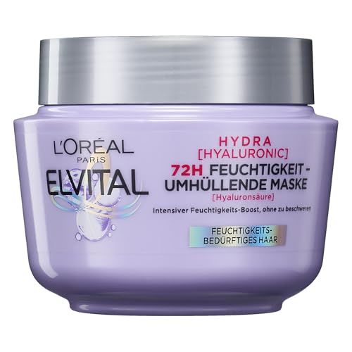 L'Oréal Paris Elvital Hydra Hyaluronic feuchtigkeitsspendende Haarmaske für glänzendes Haar, Hyaluron Intensivkur für einen Feuchtigkeitsboost, bis zu 72h langanhaltende Feuchtigkeit und Pflege, 300ml