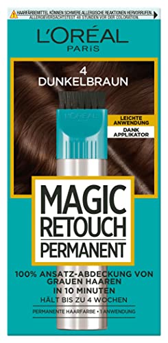 L'Oréal Paris Ansatz-Abdeckung zum Kaschieren grauer Haare, Langanhaltender Haar Concealer, Magic Retouch Permanent, Nr. 4 Dunkelbraun, 1 Stück