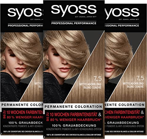 Syoss Color Coloration 7_5 Mittelaschblond Stufe 3 (3 x 115 ml), permanente Haarfarbe für bis zu 10 Wochen Farbintensität und 70 % weniger Haarbruch*