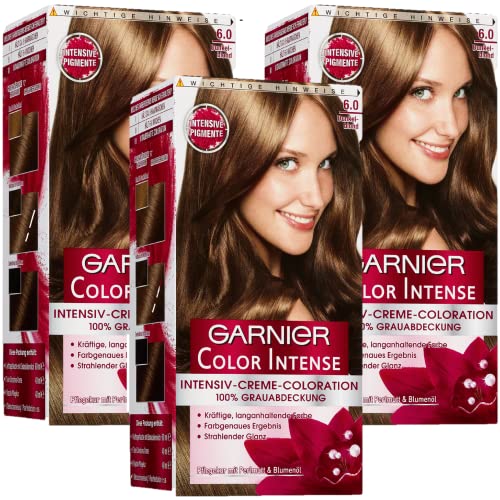 Garnier dauerhafte Cremecoloration, dauerhafte Intensive Creme Coloration für permanente Haarfarbe, mit Perlmutt und Traubenkernöl, Color Intense, 6.0 Dunkelblond , 3er pack