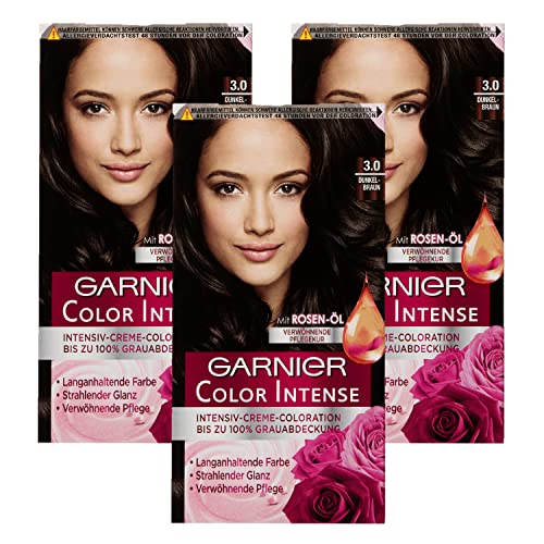 Garnier dauerhafte Creme-Coloration, für intensive, langanhaltende Farbe, 100% Grauabdeckung, Color Intense, 3.0 Dunkelbraun, 3 x 1 Stück