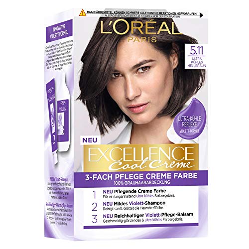 L'Oréal Paris Permanente Haarfarbe mit ultra kühlem Farbergebnis, 100% Grauhaarabdeckung, Set mit Coloration, Shampoo und Pflegecreme,Excellence Cool , Nr. 5.11 Hellbraun (Braun)