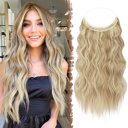 FESHFEN Secrets Haare Extensions Lange Gewellt Haarverlängerung Invisible Secret Haarextension Synthetik Hair Unsichtbarem Haarteile für Frauen Dunkelgoldene Mix Beigeblond 50 cm