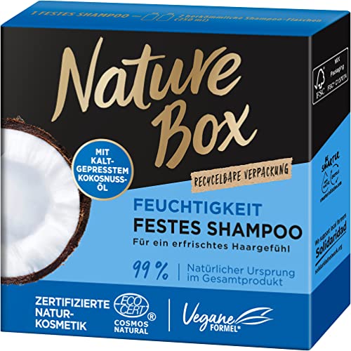 Nature Box festes Shampoo Feuchtigkeit (85 g), festes Haarshampoo mit Kokosnussöl spendet den Haaren Feuchtigkeit bis in die Tiefe, Haarpflege-Shampoo in recycelbarer Verpackung