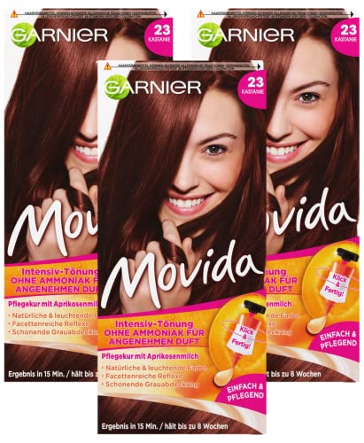 Garnier Tönung, Pflege-Creme, Intensiv-Tönung Haarfarbe, für leuchtende Farben, auch für graues Haar, ohne Ammoniak, Movida, 23 Kastanie, 3er Pack Haarcoloration-Set