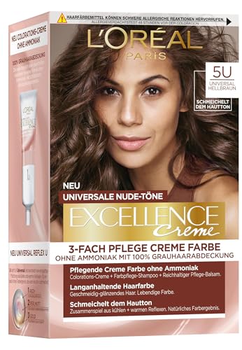 L'Oréal Paris Permanente Haarfarbe für jeden Hautton, Coloration ohne Ammoniak, Universale Nude-Töne mit vollständiger Grauhaarabdeckung, Excellence Creme, Nr. 5U Hellbraun (Braun), 1 Stück