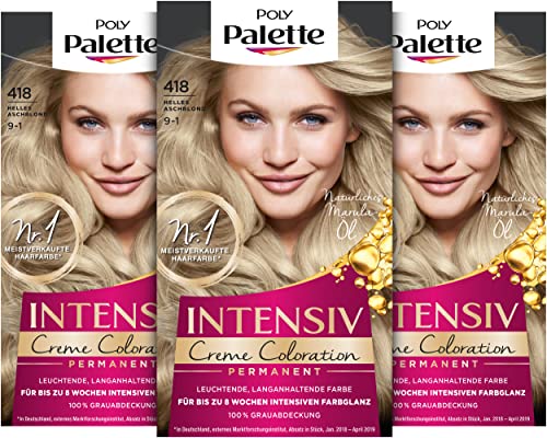 Palette Intensiv Creme Coloration 9-1/418 Helles Aschblond Stufe 3 (3 x 115 ml), Permanente Haarfarbe für bis zu 8 Wochen intensiven Farbglanz & 100 % Grauabdeckung