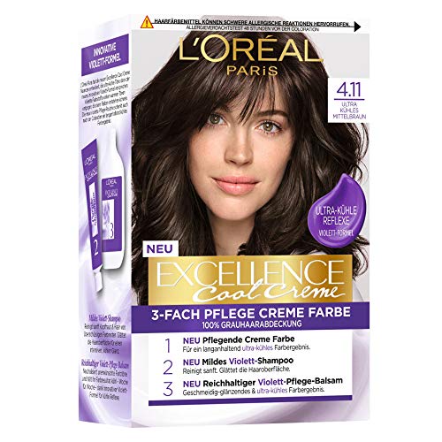 L'Oréal Paris Permanente Haarfarbe mit Farbergebnis, 100% Grauhaarabdeckung, Set mit Coloration, Shampoo und Pflegecreme, Excellence Cool Creme, Nr. 4.11 Ultra kühles Mittelbraun (Braun)