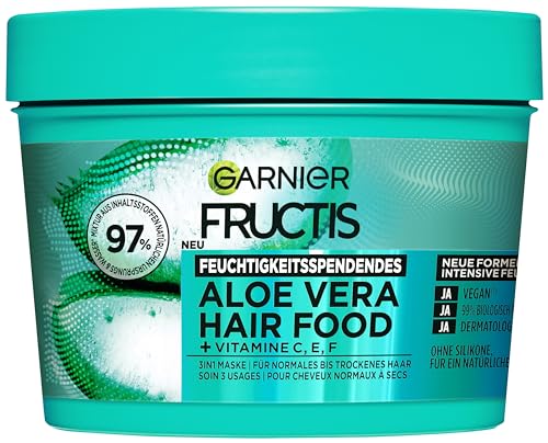 Garnier Fructis Aloe Vera Haarmaske, Leave-In für normales bis trockenes Haar, Mehr Geschmeidigkeit und Glanz, Intensive Feuchtigkeit, Ohne Silikone, Hairfood, 3in1, 400ml