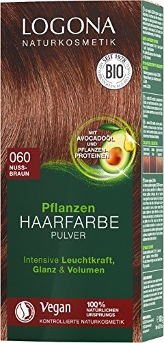 LOGONA Naturkosmetik Pflanzen-Haarfarbe Pulver 060 Nussbraun, Vegan & Natürlich, Braune Natur-Haarfarbe mit Henna, Coloration, 100 g