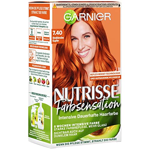 Garnier Nutrisse Pflegende Intensivtönung mit nährenden Fruchtölen, Coloration mit 8 Wochen Halt, Farbsensation Haarfarbe, 7.40 Strahlendes Kupfer