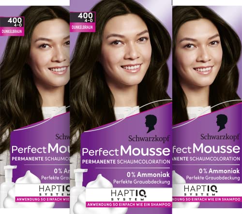 Schwarzkopf Perfect Mousse Permanente Schaumcoloration 400/4-0 Dunkelbraun (3 x 92,5 ml), Haarfarbe mit perfekter Grauabdeckung, Coloration für intensive Pflege & strahlenden Glanz