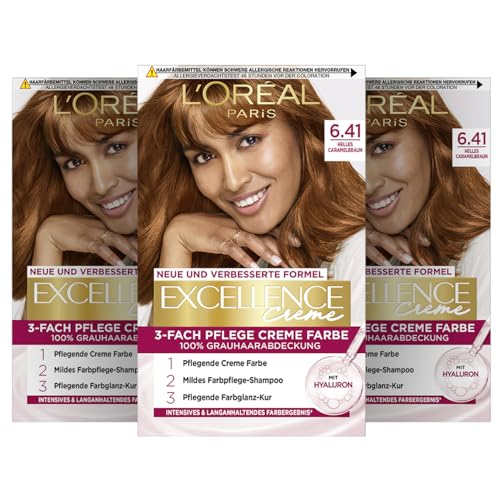 L'Oréal Paris Permanente Haarfarbe, 100% Grauhaarabdeckung, Haarfärbeset mit Coloration, Shampoo und 3-Fach Pflege Creme Farbe, Excellence , 6.41 Helles Caramelbraun, 3 x 268 g