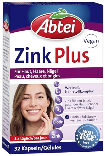 Abtei Zink Plus - spezielle Nährstoffkombination für gesunde Haut, kräftiges Haar und feste Nägel - mit Biotin und Folsäure - 1 x 32 Kapseln