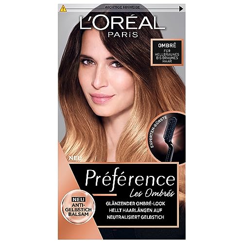 L'Oréal Paris Permanente Haarfarbe, Haarfärbeset mit Coloration, Anti-Gelbstich Balsam und Experten-Bürste, Für hellbraunes bis braunes Haar, Préférence Ombré