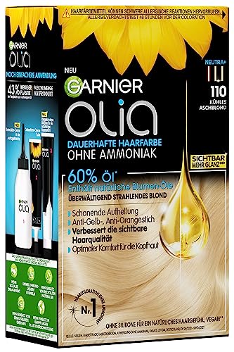 Garnier Olia 110 Kühles Aschblond Dauerhafte Haarfarbe ohne Ammoniak mit pflegenden, natürlichen Ölen, Vollständige Grauhaarabdeckung, Permanente Coloration, 1 Stück
