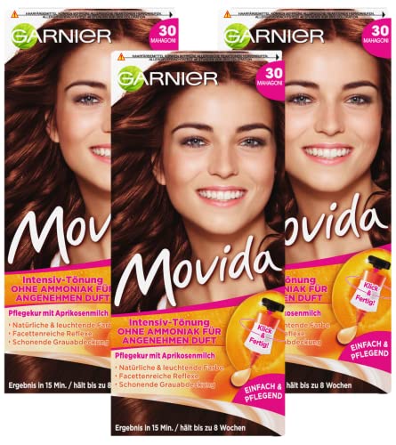 Garnier Tönung Movida Pflege-Creme / Intensiv-Tönung Haarfarbe 30 Mahagoni (für leuchtende Farben, auch für graues Haar, ohne Ammoniak) 3er Pack Haarcoloration-Set