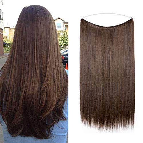 Silk-co Haarverlängerung mit Gummiband, Glatte Extensions mit unsichtbare Schnur, Synthetisch Haarteil wie Echthaar, Haarverdichtung Haar Extensions für Frauen, Dunkelbraun & Mittelbraun, 50cm