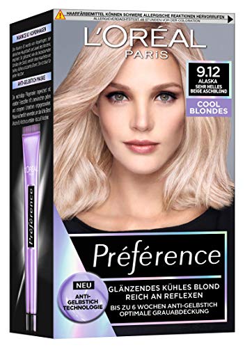 L'Oréal Paris Permanente Haarfarbe mit kühlem Farbergebnis, Haarfärbeset mit Coloration und Anti Gelbstich Pflegebalsam, Préférence Cool Blondes, Nr. 9.12 Sehr helles beige Aschblond (Alaska), 1 Stück