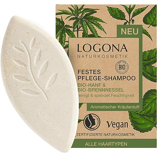 LOGONA Naturkosmetik Festes Haarshampoo für natürlich gesundes Haar, Shampoo Bar mit veganer Formel aus Bio Hanf und Bio Brennnessel, Wie Haarseife, 1 x 60 g