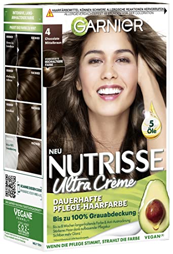 Garnier Nutrisse Dauerhafte Pflege-Haarfarbe mit nährenden Fruchtölen, Coloration mit 8 Wochen Halt, Ultra Crème Tönung, 040 Chocolate