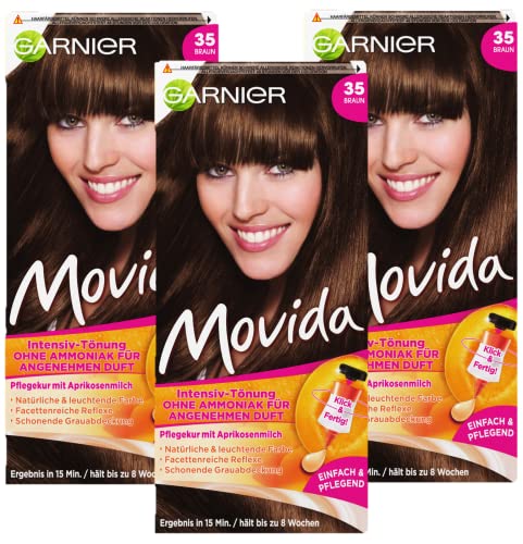 Garnier Tönung, Intensiv-Tönung Haarfarbe, für leuchtende Farben, auch für graues Haar, ohne Ammoniak, Movida, 35 Braun, 3er Pack Haarcoloration-Set