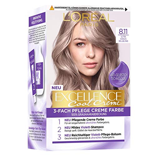 L'Oréal Paris Permanente Haarfarbe Farbergebnis, 100% Grauhaarabdeckung, Set mit Coloration, Shampoo und Pflegecreme, Excellence Cool Creme, Nr. 8.11 Ultra kühles Hellblond (Blond)