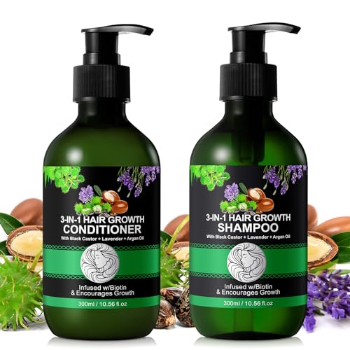 3-in-1 Shampoo und Conditioner Set –10,56 x 2 fl oz Shampoo- und Conditioner-Set aus schwarzem Rizinus- Lavendel- und Arganöl für Haarwachstum, sulfatfrei, gegen Haarausfall für Männer und Frauen (#1)