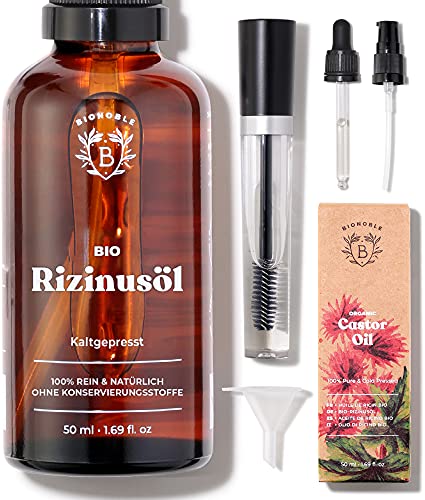 Bionoble Rizinusöl Bio 50ml - 100% Rein, Natürlich, Kaltgepresst - Wimpern, Augenbrauen, Haare, Nägel - Vegan, Cruelty Free - Castor Oil - Glasflasche + Pipette + Pumpe + Mascara Kit