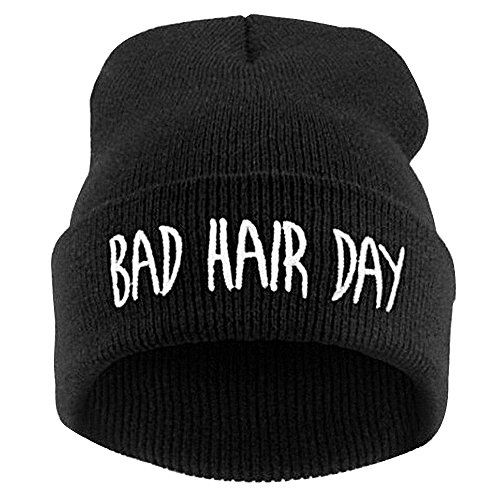 AONER Beanie Mütze “Bad Hair Day” Strickmütze Wintermütze mit Einstickung Hip-Hop Mütze Bestickt Mütze, Schwarze Mütze mit Weiß Worte, Einheitsgröße