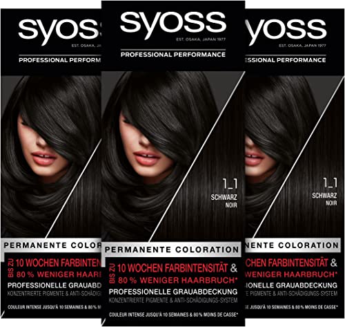 Syoss Color Coloration 1_1 Schwarz Stufe 3 (3 x 115 ml), permanente Haarfarbe für bis zu 10 Wochen Farbintensität und 80 % weniger Haarbruch*