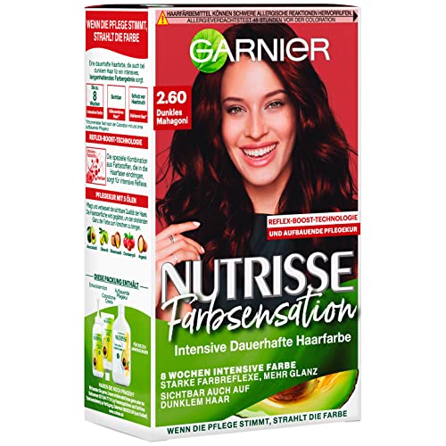 Garnier Nutrisse Pflegende Intensivtönung mit nährenden Fruchtölen, Coloration mit 8 Wochen Halt, Farbsensation Haarfarbe, 2.60 Dunkles Mahagoni