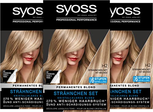 Syoss Color Coloration Set H2 Strähnchen Set Stufe 3 (3 x 95 ml), Haarfarbe für kristallblonde Strähnchen wie vom Friseur, blonde Strähnen mit Anti-Schädigungs-Pflege