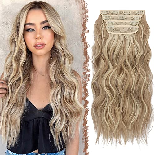 FESHFEN Clip in Extensions, 4PCS 50 cm Haarverlängerungen mit Clips Synthetik Gewellte Haarextension Dunkles Aschblond Gemischtes Bleichblond Wavy Haar, Haarteil für Frauen, 180g