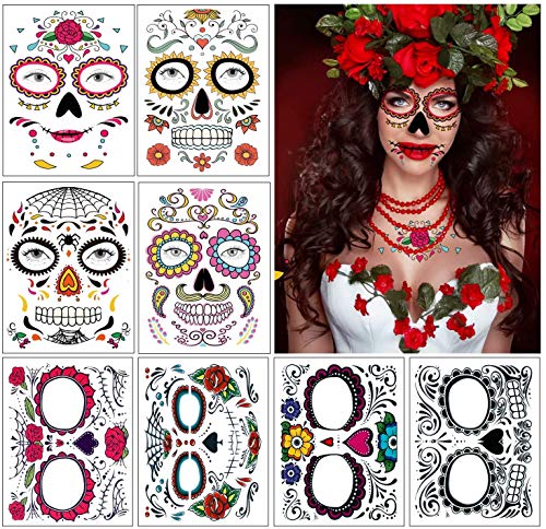 Dream Loom Halloween Gesicht Tattoos, 8 Kits Tag der Toten Zuckerschädel Temporäre Tattoos, Scary Face Makeup für Maskerade und Partys (Mehrfarbig)